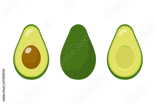 Set of fresh whole and half avocado isolated on white background. Organic food. Cartoon style. Vector illustration for design. photo