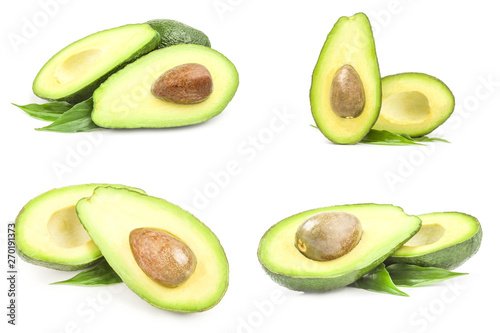 Collage of ripe avocados isolated over a white background