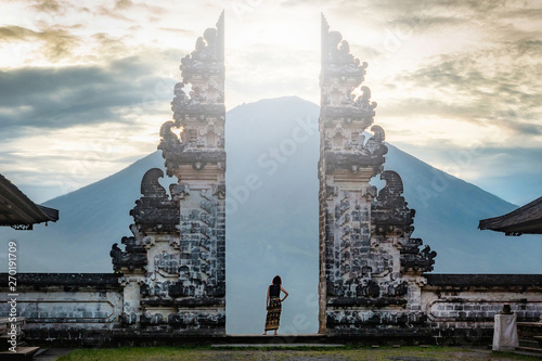 Bali, Indonesia, Traveler at the Ancient Gates of Pura Luhur Lempuyang Temple