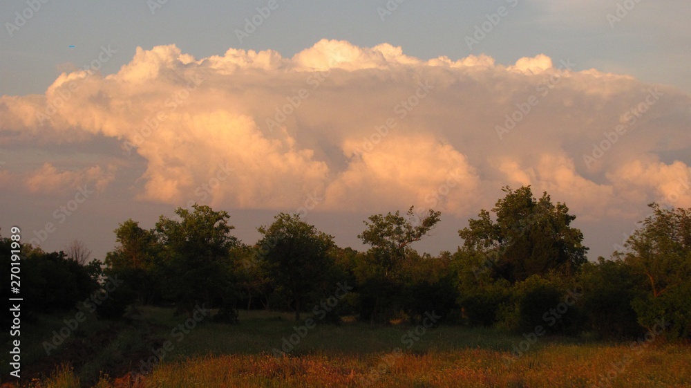 unusually beautiful clouds at sunset after a thunderstorm against the forest