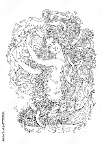 Vector drawing fantastic sea mermaid sitting with wavy developing hair and long tangled ribbon.  Ornamental decorated graphic Coloring page sea nymph. Design card, print on t-shirt on white back.