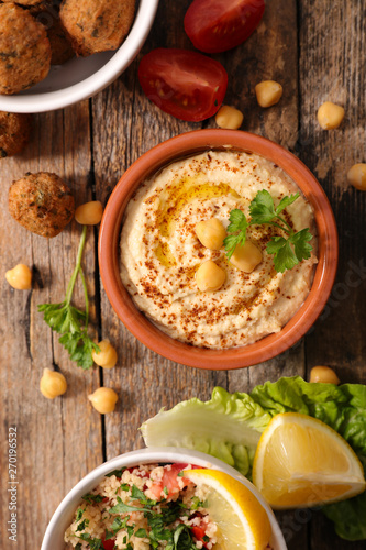 hummus, mixed chickpea spread with falafel
