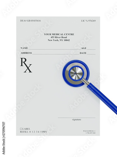 Empty medical prescription with stethoscope - 3D render