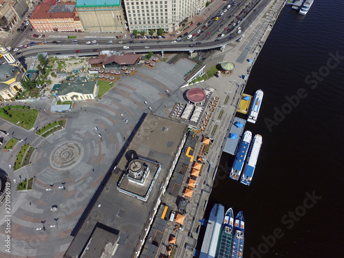 Embankment and river-boats early morning at spring. Downtown (drone image). Kiev,Ukraine