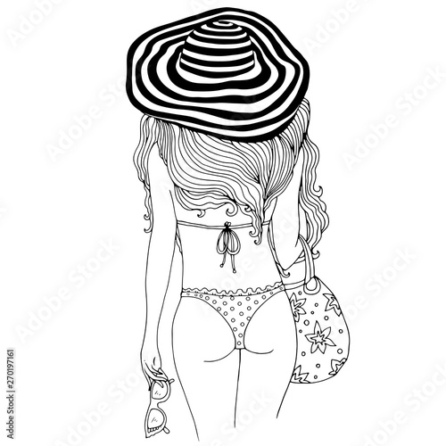 Vector hand drawn sexy beach girl in bikini from the back. Seminude woman goes on sea in a hat with wide brimmed stripes. Vacation, holiday Design card, print on t-shirt on white background