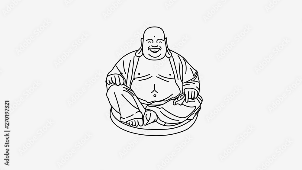 Feng Shui talisman white background. Hotei Happy Laughing Buddha. Vector  line outline illustration Stock Vector | Adobe Stock