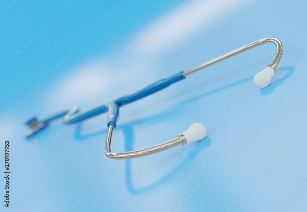Fototapeta premium Stethoscope on blue, reflective background - 3D rendering