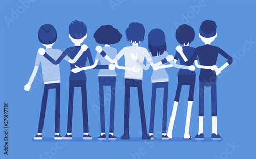 Group of teen friends rear view. Young people, teenager boys and girls standing together, adolescent unity. Vector illustration with faceless characters, full length portrait