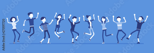 Dancing group of happy people. Friends, young party people, teenager boys, girls together, adolescent unity. Vector illustration with faceless characters, full length portrait