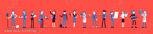Different male, female professions and business. Working people, in occupation standing together, employee union, career. Vector illustration with faceless characters, full length