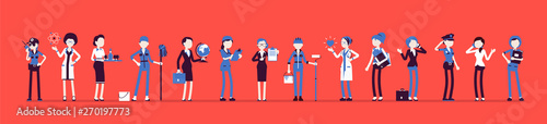Different female professions and business. Working people, women in occupation standing together, employee union, career. Vector illustration with faceless characters, full length