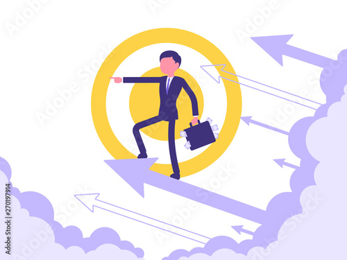 Forward moving symbol. Businessman directed or facing towards future progress to reach prospective position, accomplishment of new aim or purpose. Vector abstract illustration with faceless character
