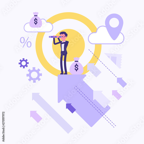 Business prognosis symbol. Businessman watching with spyglass future progress, view prospective position, accomplishment of new aim or purpose. Vector abstract illustration with faceless character