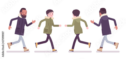 Parka man and woman running. Young guy, girl wearing warm windproof jacket with hood, cold weather city outfit. Vector flat style cartoon illustration isolated on white background, front, rear, view