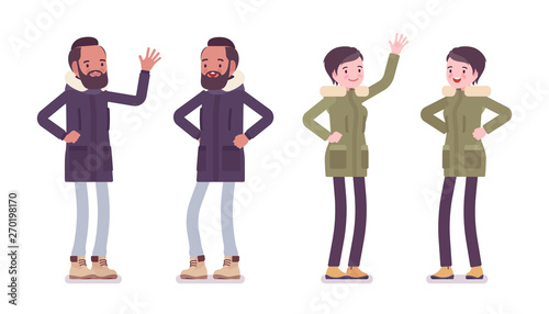 Parka man and woman happy in positive emotions. Young guy, girl wearing warm windproof jacket with hood, cold weather city outfit. Vector flat style cartoon illustration isolated on white background