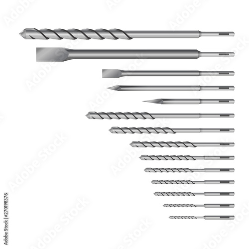 Realistic 3d Detailed Metallic Drill for rock-drill or perforator Bits Set Tools for Construction Work, Drilling Hole.