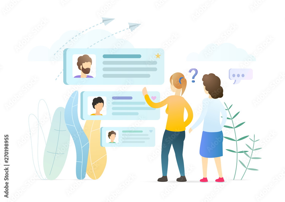 Girls choosing boys profiles vector illustration. Women analyzing social media accounts. Online dating website, matchmaking app promotion. Selecting male partner for building relationship. Girls choosing boys profiles vector illustration. Women analyzing social media accounts. Online dating website, matchmaking app promotion. Selecting male partner for building relationship.