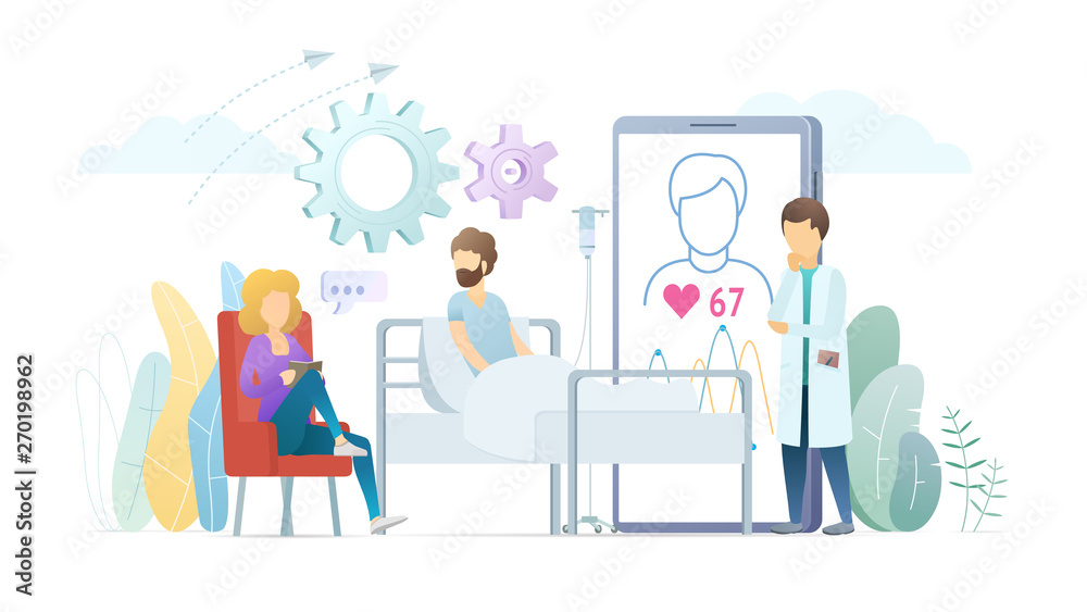 Diagnostics of heart diseases flat vector illustration. Patient on hospital couch talking with relative, visitor. Doctor, cardiologist giving consultation, using modern diagnostics technology.