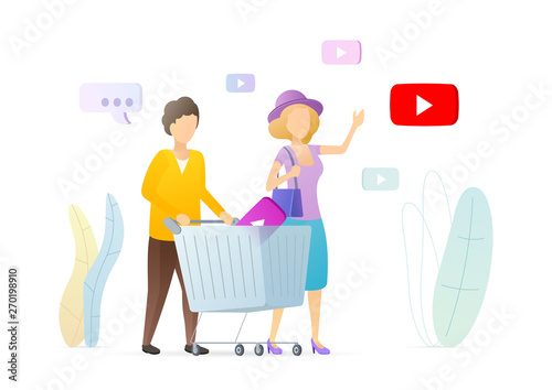 Video shopping technology flat vector illustration. Couple choosing goods and service in online TV store. Cartoon man pushing shopping cart. Ecommerce, eshopping modern marketing service.