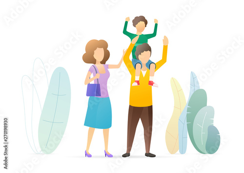Family couple with son flat vector illustration. Cartoon father holding cute kid on shoulders. Happy parents spending time with child. Dad giving son ride on back. Precious childhood memories.