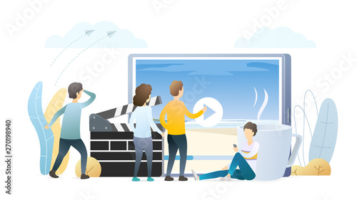Filming movies process flat vector illustration. Film director, assistant shooting scene on  seaside. Movie producer discussing location details. Filmmaking team preview episode on big screen.