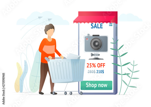 Buying gadgets online flat vector illustration. Man with shopping cart looking for discount. Customer using e-store, ordering action camera in Internet. Boy using smartphone eshopping application.