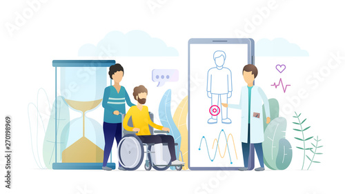 Doctor consulting patient flat vector illustration. Man with damaged leg in wheelchair cartoon character. Using modern technologies in healthcare. Demonstrating broken limb on smartphone screen.
