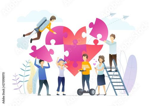 Promoting world peace, love metaphor illustration. People composing heart mosaic, adding jigsaw puzzles. Community activists holding loudspeaker. Cooperation, collaboration for common wellbeing.