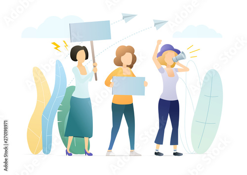 Female protesters on parade flat illustration. Young women holding loudspeaker, placards, posters cartoon characters. Girls, feminist activists shouting demands, fighting for equal rights.