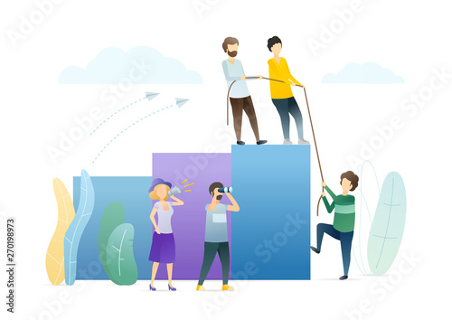 People helping each other flat vector illustration. Community saving the needy from social bottom metaphor. Throwing rope in abyss, offering helping hand. Corporate social responsibility.