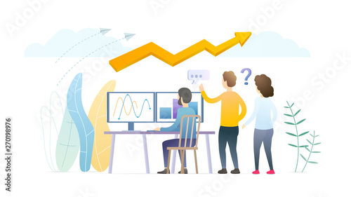 Teaching new workers flat vector illustration. First day at work for young specialists. Male expert explaining details to newcomers. Finance analyst, economist sharing knowledge at workshop, tutorial.