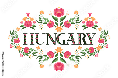 Hungary illustration vector. Background with traditional flowers pattern from hungarian embroidery ornament for travel banner, tourist postcard, souvenir design, magnet.