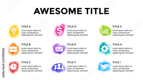 Brush stroke watercolor infographic template. Presentation slide. Creative art concept with 9 options, parts, steps, processes.