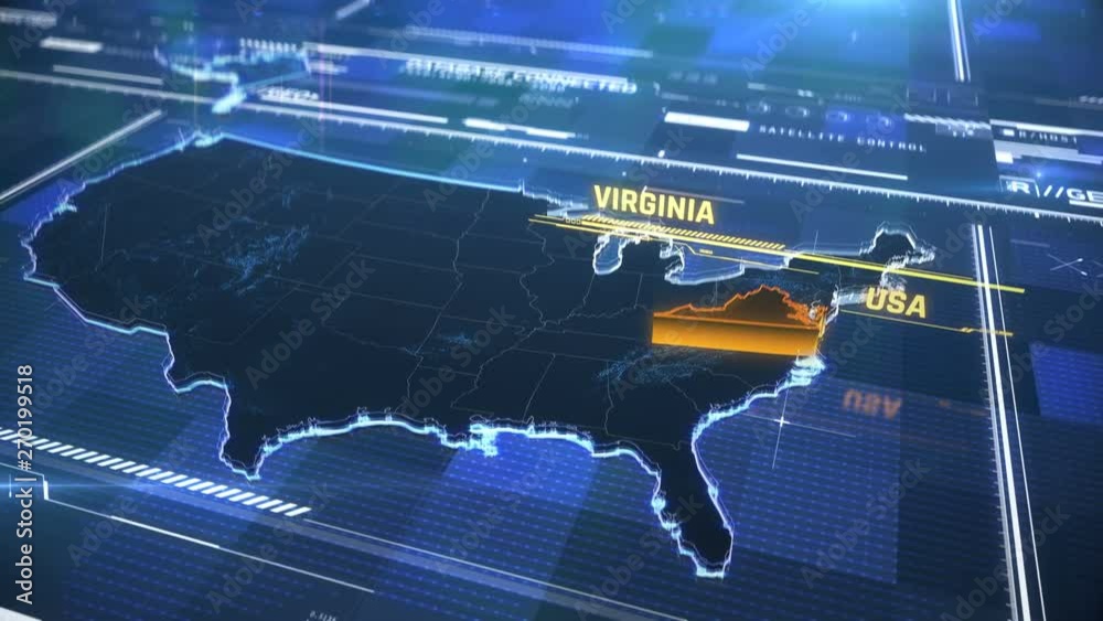 Virginia US state border 3D modern map with a name, region outline