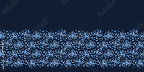 Indigo blue floral stripes shapes. Vector border pattern. Seamless striped background. Hand drawn flower art leaves illustration. Trendy retro home decor, mens shirting fashion print, ribbon trim