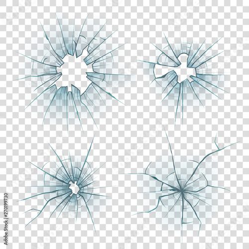 Broken glass set, shot damage vandalism and design