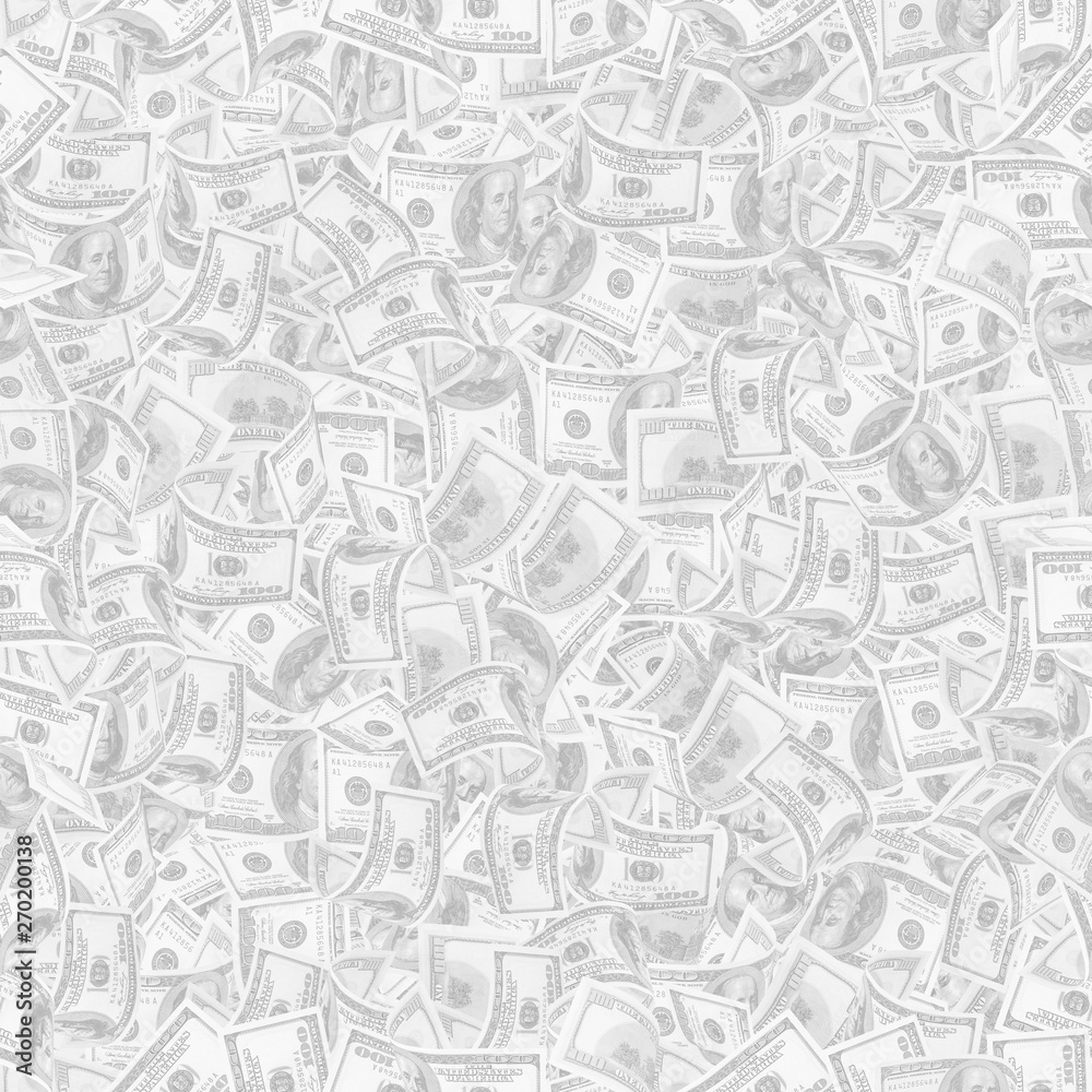 Background with money. Seamless texture of 100 dollar bills in light gray tonality