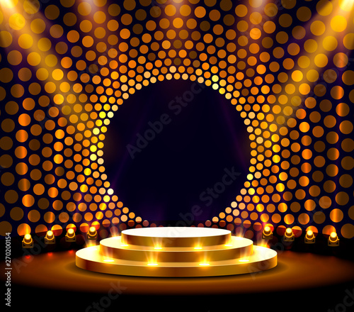 Stage podium with lighting, Stage Podium Scene with for Award Ceremony on golden Background.