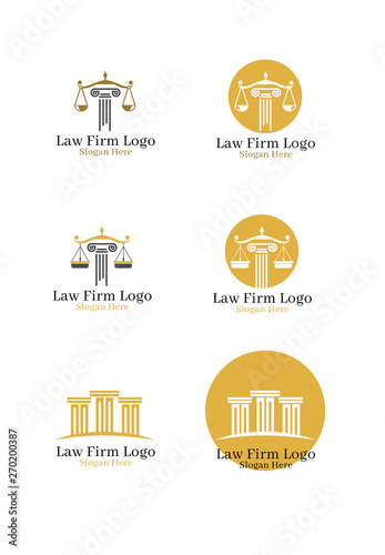 Law office logotypes set with scales of justice, gavel etc illustrations. Vector vintage attorney, advocate labels, juridical firm badges collection. Act, principle, legal icons design 