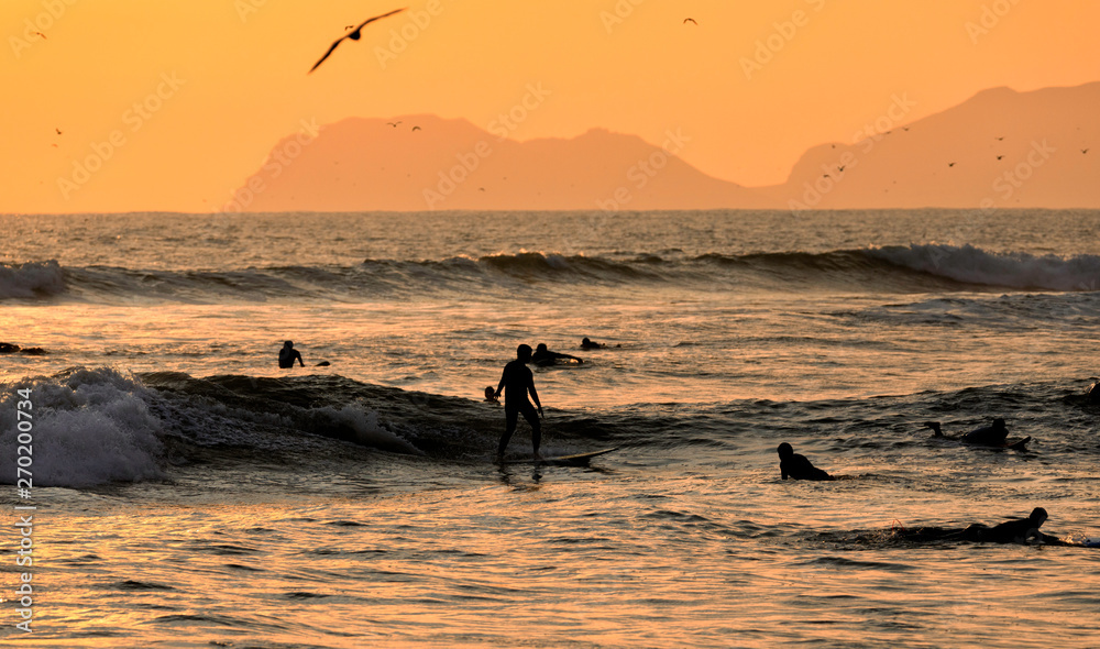 Scenic sunset moment with Silhouettes of surfers and seagulls on the  beach of the Pacific ocean. Lima, Peru. South America
