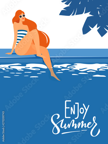 Vector enjoy summer poster with cute lady near a swimming pool. 