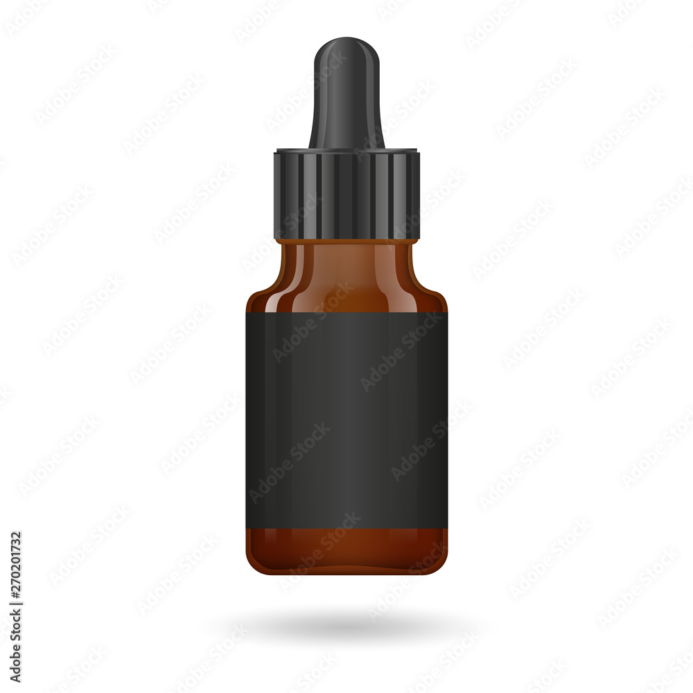Realistic essential oil brown bottle. Mock up bottle. Cosmetic vial, flask, flacon. Medical bank. Cosmetic dropper-bottle with design label. Vector illustration. Realistic essential oil brown bottle. Mock up bottle. Cosmetic vial, flask, flacon. Medical bank. Cosmetic dropper-bottle with design label. Vector illustration.