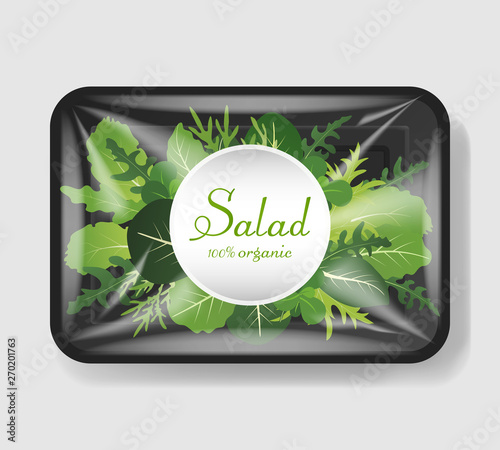 Mix of salad leaves in plastic tray container with cellophane cover. Mockup template for your design. Plastic food container. Vector illustration.