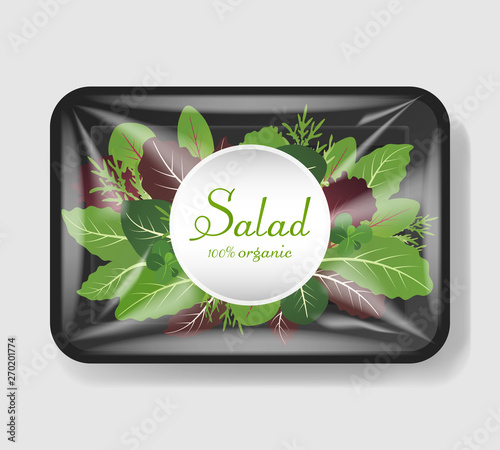 Mix of salad leaves in plastic tray container with cellophane cover. Mockup template for your design. Plastic food container. Vector illustration.