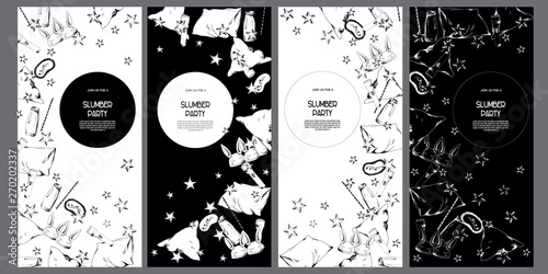 Pajama sleepover party invitations set, flyers kit, cards templates black and white
