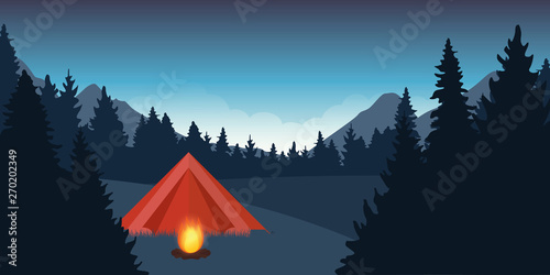 red tent with campfire by night in the forest blue landscape vector illustration EPS10