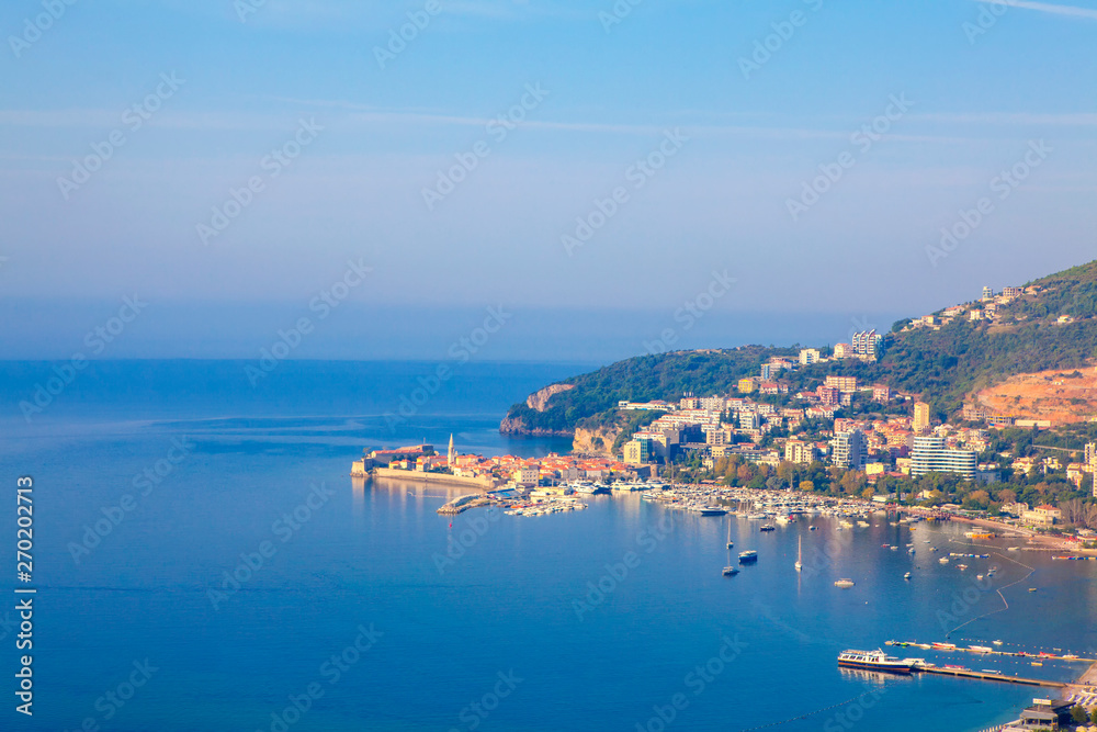 Aerial view of Budva Town and Adriatic Sea in Montenegro