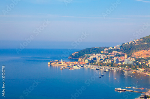 Fototapeta Naklejka Na Ścianę i Meble -  Aerial view of Budva Town and Adriatic Sea in Montenegro