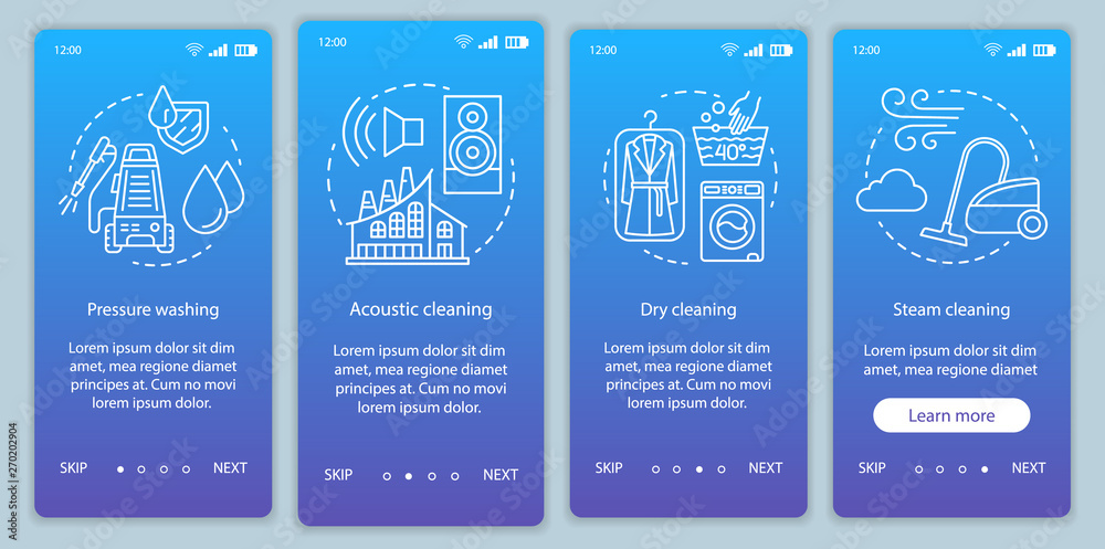 Cleaning methods onboarding mobile app page screen vector template