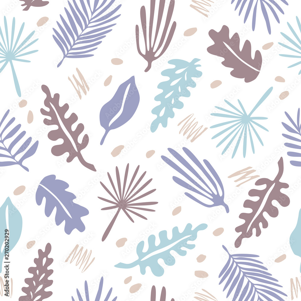 Pattern with tropical leaves in flat style. Botanical illustration with hand drawn plant elements, jungle floral foliage for textile, wallpaper, wrapping